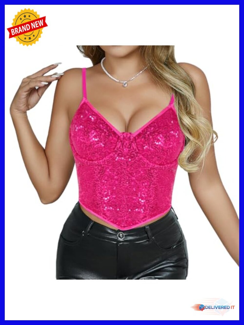 Sequined Crop Top Spaghetti Strap Push Up Bustier Corset V Neck Boned Tank Top